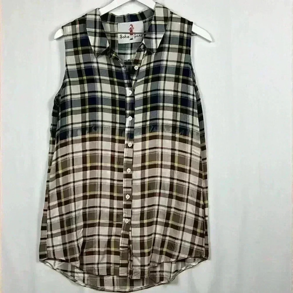 Boho Jane Womens Shirt Brown & Blue S Sleeveless Ombré Plaid Back/Applique Boho - Picture 2 of 10